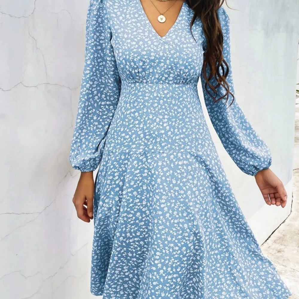 Baby blue Shein Floral Lantern Sleeve A-line dress